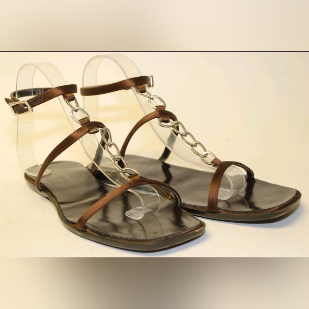 Gucci Sandals 7.5 Italy Made Brown Satin Chain Ankle Strap Shoes - Picture 3 of 14